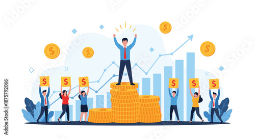 Successful business leader celebrates financial victory standing on top of gold coins with a supportive diverse team.