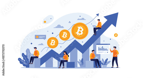 Diverse team of professionals works together to manage and increase the value of bitcoin cryptocurrency in the market.