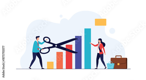 Business colleagues use large scissors to cut through a bar chart representing budget cuts and expense reduction goals.