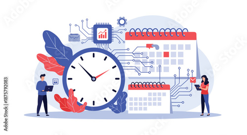 Efficient time management concept features people working around a large clock and digital calendars to meet deadlines.