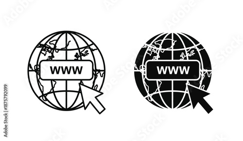 Black and white line art illustrations of globe with www url on screen
