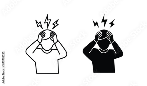 Two cartoon people with hands on face and lightning bolts above head in black and white