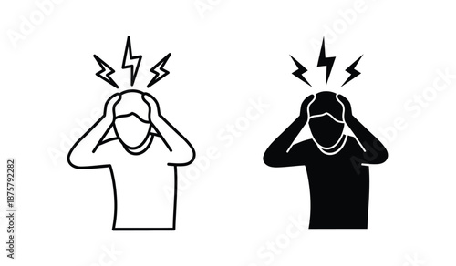 Black and white illustrations of two people covering their ears with lightning bolts above their heads in a stressful situation