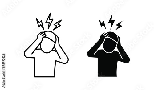 Black and white line icons of stressed people with lightning above heads