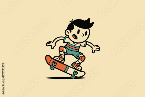 Cartoon boy skateboarding with protective gear and striped shirt