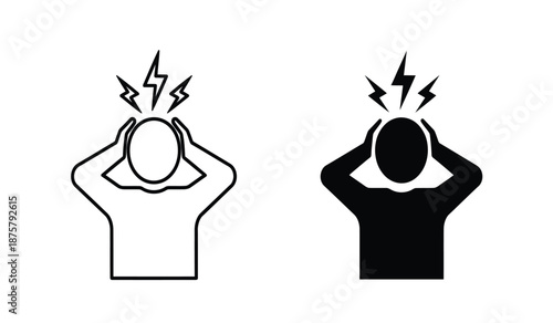 Two black and white icons of a person holding their head in pain with lightning bolts