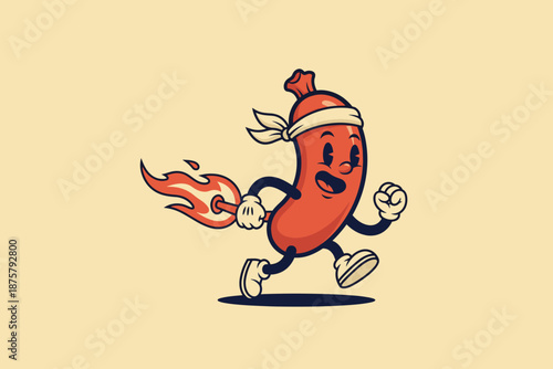 Cartoon Sausage Character Running with Fiery Tail.