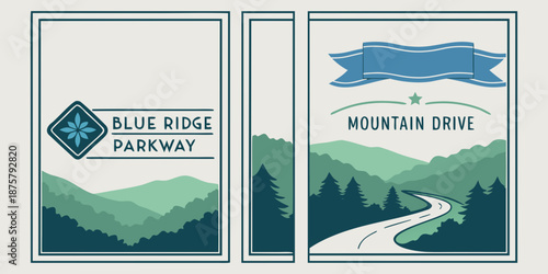 Blue Ridge Parkway Mountain Drive Panels – Scenic Forest Road and Emblem Art with Layered Mountain Views