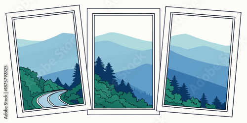 Blue Ridge Parkway Window Panel Art – Scenic Mountain Landscape with Forest Road and Layered Blue Ranges