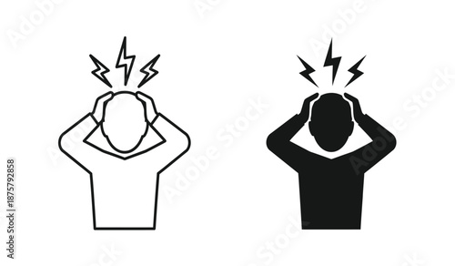 Black and white line and solid icon set of stressed people with hands on head and lightning bolts