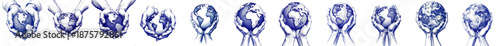 Hands holding planet - Hand-drawn sketches using blue ink for Earth Day concept  