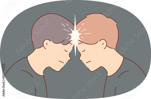 Two men brainstorm together and touch foreheads to create telepathic connection.