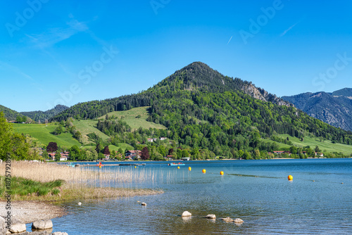 Hiking trail around Lake Schliersee in the bavarian alps at Schliersee, Upper Bavaria, Germany in Europe