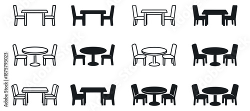 Minimalist table and chairs icon set featuring various dining furniture arrangements in outline and filled styles for restaurants and home