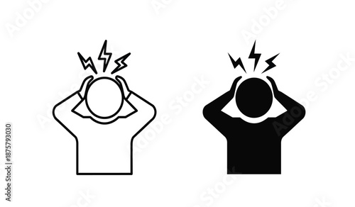 Black and white line art and silhouette illustrations of people with headache or migraine