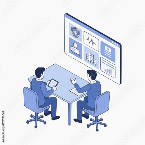Strategic Healthcare Management Meeting and Collaborative Data Analytics Review Illustration