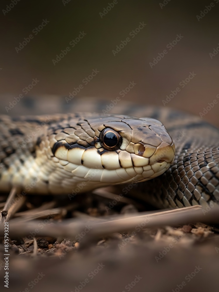 Fototapeta premium Closeup of a snakes head on the ground with sticks and leaves around it