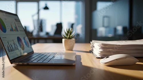 Wallpaper Mural A close up view of a modern laptop displaying colorful financial charts alongside a stack of paperwork and a mouse on a sunny desk. Torontodigital.ca