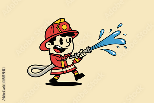Cute Cartoon Firefighter Boy Sprays Water From Hose.