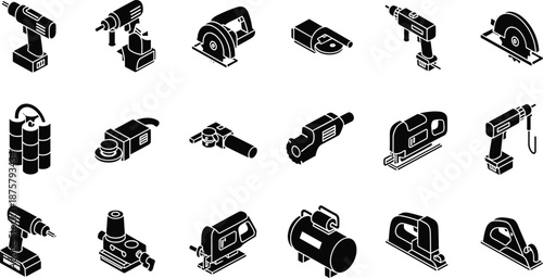 Isometric black and white power tool icons for construction, woodworking, metalworking, and mechanical-themed visuals