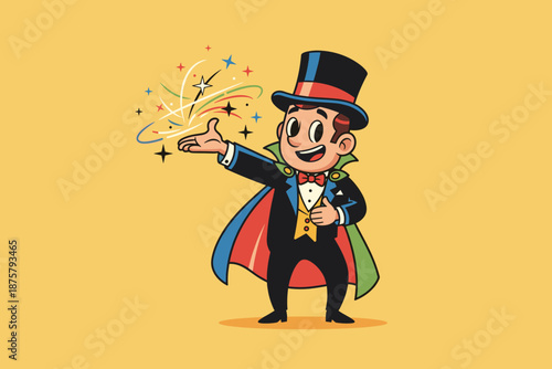 Cartoon Magician Performing Magic Trick with Sparkles.