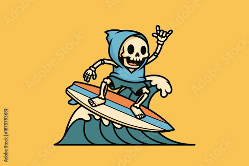 Skeleton Surfer Riding a Wave with a Hood.