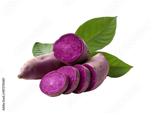 Fresh Purple Sweet Potatoes (Yams) Whole and Sliced with Leaves on transparent background