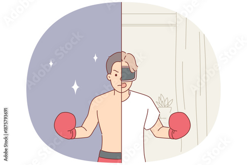 Man wearing VR glasses and boxing gloves feels like athlete thanks to virtual reality technology