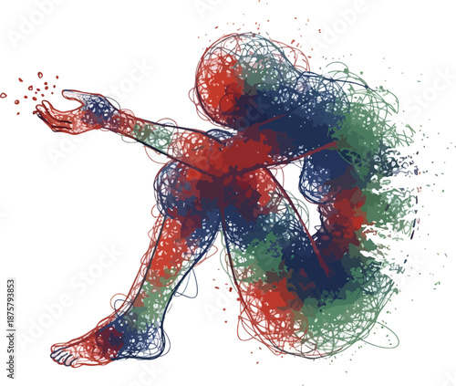 Abstract figure curled up releasing particles from an outstretched hand