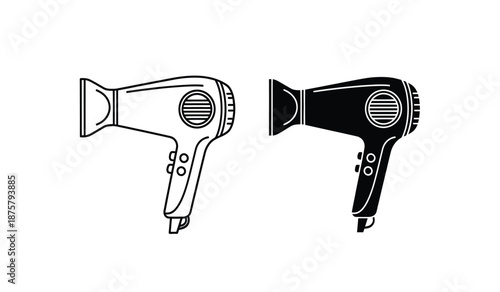 Vector illustration of black and white hair dryer icons side by side on a clean and simple background for beauty and haircare concepts