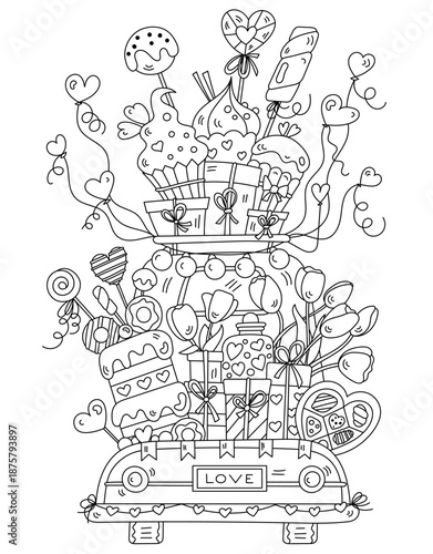 Valentine's Day Car Filled With Gifts Sweets And Coloring Page
