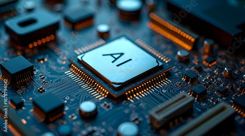 Artificial intelligence processor chip on futuristic motherboard, advanced ai computing hardware, machine learning technology and high performance digital innovation concept
