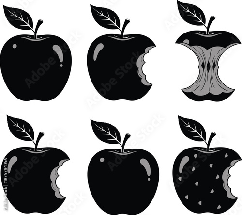 Black Apple Silhouettes Showing Different Stages of Being Eaten from Whole Fruit to Core Isolated on White Background for Health and Food Design