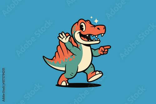Cute Cartoon Dinosaur Character Waving and Pointing.
