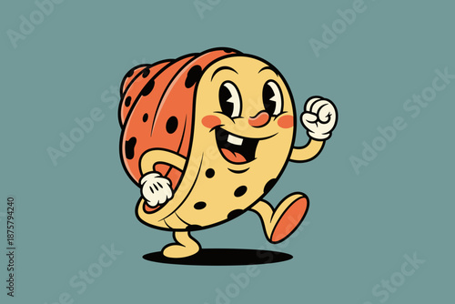 Retro Cartoon Snail Character Walking Happily.