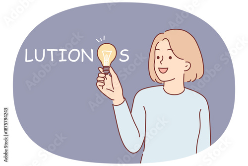 Woman who came up with solution holds light bulb in hand, symbolizing new idea to energy efficiency