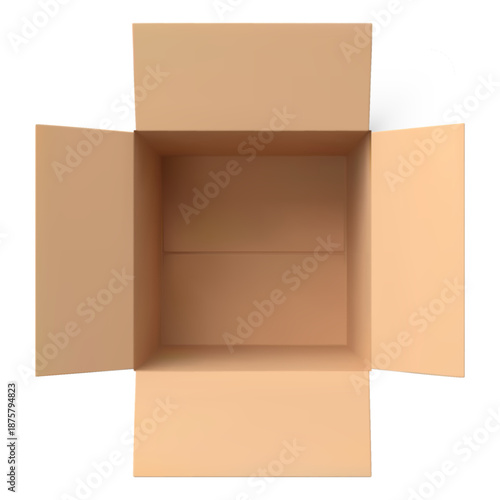 Mockup of an empty, open, brown cardboard box, top view, square shape.