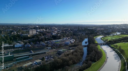 Exeter, Devon, England: DRONE VIEWS: Exeter St David's railway station; Exeter Ship Canal frozen with ice; the River Exe and central Exeter. Exeter is the county town of Devon.