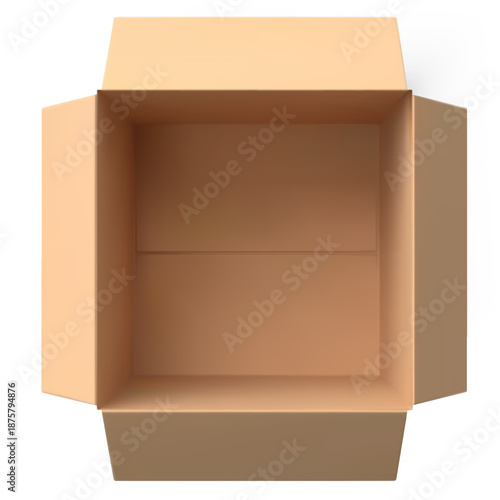Realistic brown empty cardboard box, top view, square shape.