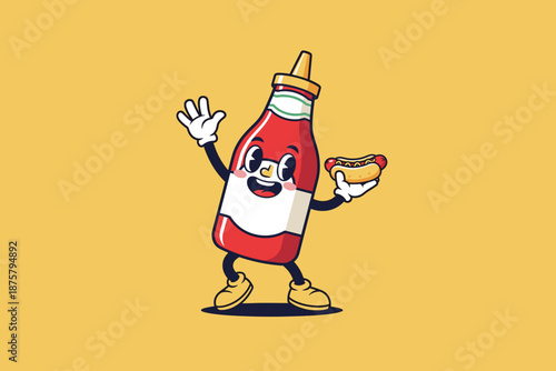 Retro Ketchup Bottle Character Holding a Hot Dog.