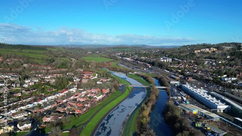 Exeter, Devon, England: DRONE VIEWS: Exeter ship canal frozen with ice; the River Exe; Exeter St David's railway station. Exeter is the county town of Devon.