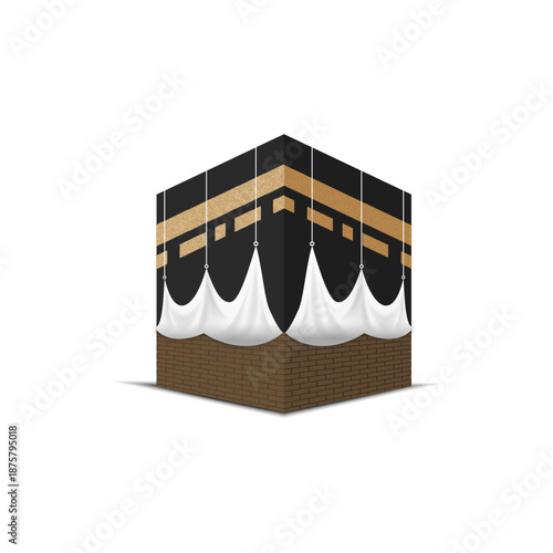 Religious structure icon representing Islamic pilgrimage hajj black cube shape with golden script on white background illustration