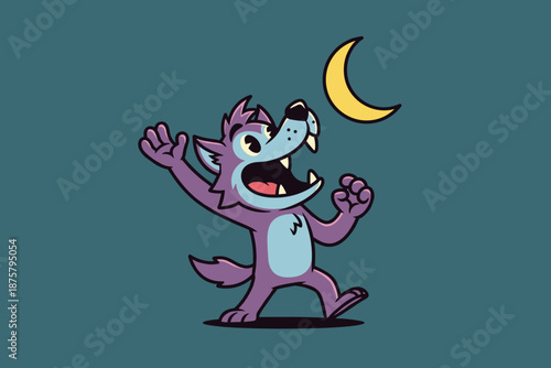 Cartoon wolf howling at the moon illustration.