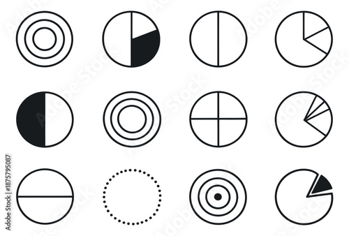 Minimalist line art graph elements set featuring various pie charts and circles for data visualization