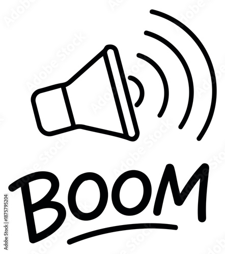 Line art illustration of a megaphone with boom text depicting a loud sound for a bold announcement