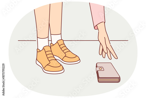 Woman dropped phone and pulls hand to ground to pick up fallen gadget, concept problem carelessness