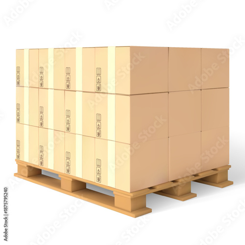 Pallet with cargo, vector 3D realistic brown carton parcel closed with duct tape and transportation symbols, delivery