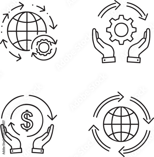 Conceptual line art icons illustrating global cycles, financial management, and operational processes