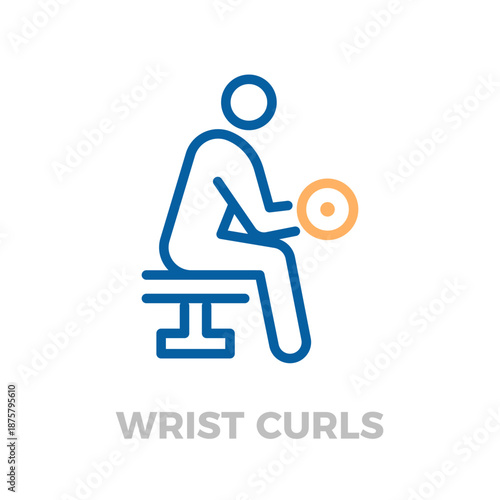 Person training forearms with a dumbbell doing wrist curls. Fitness workout for strength and healthy lifestyle. Vector thin line icon illustration with editable stroke