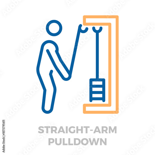 Person training with a straight-arm pulldown on a cable machine, demonstrating fitness, bodybuilding, and strength training. Vector thin line icon illustration with editable stroke